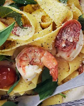 Pappardelle pasta with tiger prawns