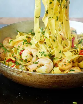 Tagliatelle with king prawns, chilli, lemon zest and flat leaf parsley
